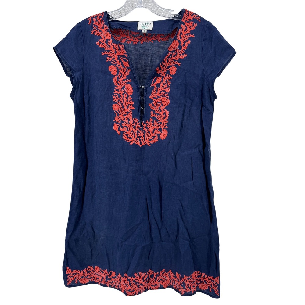 HIHO Linen Tunic Embroidered Dress Womens Small Navy Blue Coral Boho Resort